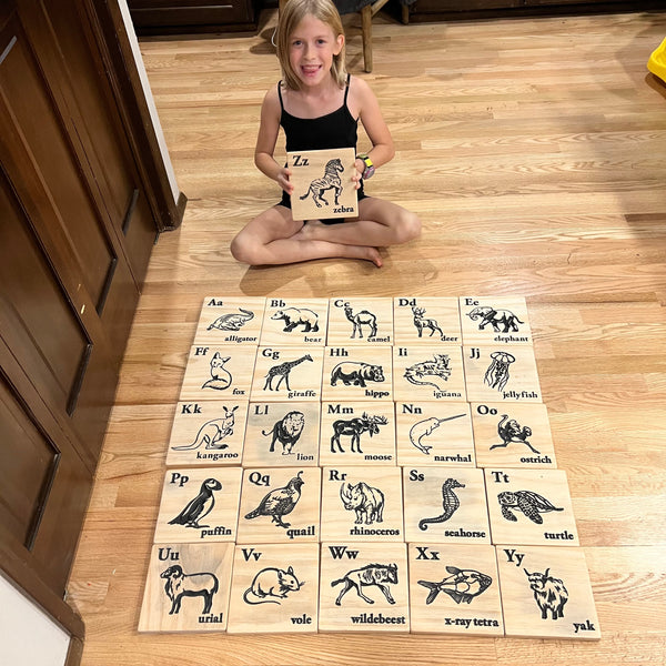 Wooden Etched Tiles | Alphabet Animal Tiles | 7.5”x7.5” each