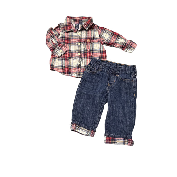 Gap | Flannel + Jeans Set | 6-12 months